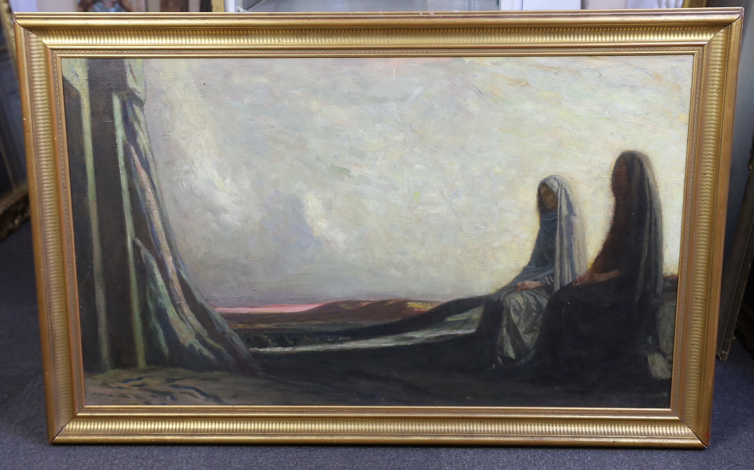 Robert Anning Bell RA RWS (British, 1863-1933), Shrouded figures seated in a landscape, oil on canvas, 75 x 126cm
